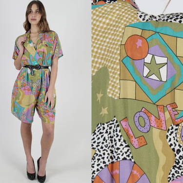 Vintage 80s LOVE Wrap Romper / Animal Print Plaid Deep V Playsuit / Pop Art Colorful Abstract Romper / Wide Leg Sorts With Pockets 