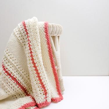 Vintage Handmade Knitted Baby Blanket | Hand Knit Crib Blanket in Off White and Pink | Small Throw Blanket for Nursery or Girl's Room 