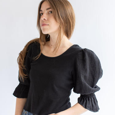 Vintage Black Puff Linen Sleeve Shirt | Romantic Blouse | S M 