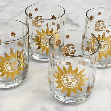 Vintage Whiskey Glasses Retro 1980s Bohemian + Sun + Moon + Stars + Gold Print + Clear Glass + Set of 4 + Kitchen + Barware + Celestial 
