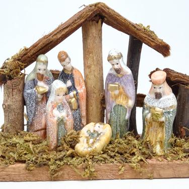 Small Vintage Nativity with Hand Painted Bisque Pieces, for Christmas Putz or Nativity Creche, Jesus in Manger 