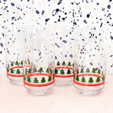 Vintage 1980s Christmas Tree Drinking Glasses - Libbey Holiday Snow Winter Wonderland Glass Tumbler Set - Set/4 