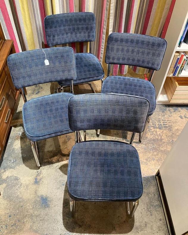 Chrome and blue velvety chairs. 4 available 19.5” x 18” x 34.5” seat height 19.25”