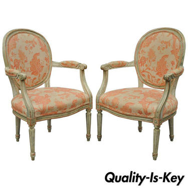 Pair French Louis XVI Cream Peach Green Distress Painted Fauteuil Arm Chairs