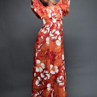 butterfly sleeves Hawaiian maxi empire dress M orange tropical floral Hawaii vintage 70s S M SMALL MEDIUM 
