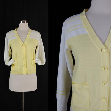 Vintage Seventies Yellow and White Cardigan Sweater - 70s Acrylic Knit Small Women's Button Front Cardigan 