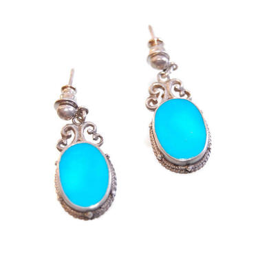 Sleeping Beauty Turquoise Drop Earrings Vintage Art Nouveau Sterling Southwestern Silver 