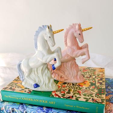 Vintage Ceramic Unicorn Pair Hand Painted Figurine | Minimalistic, Modern, Equestrian | Bohemian, Boho, Table Art, Festive Home Decor 