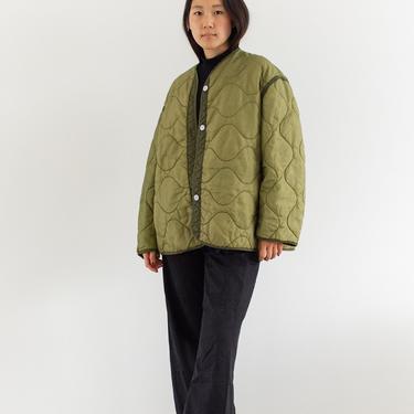 Vintage Green Liner Jacket | White Buttons | Unisex Quilted Wavy Nylon Coat | L XL | LI030 