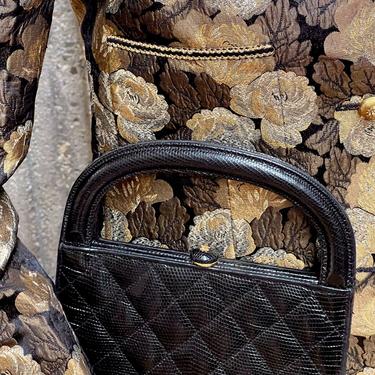 Authentic Vintage CHANEL CC Pushlock KELLY Black Quilted Karung Lizard Leather Tote Bag Satchel Handbag Shoulder Mini Purse 