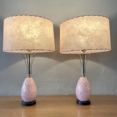 Pair of Atomic Pink Table Lamps with brass details
