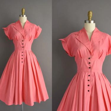 vintage 1950s dress | Vicky Vaughn Pink short Sleeve Full Skirt Cotton Dress | Small | 50s vintage dress 