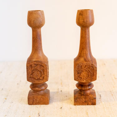 Amazing Set of 2 Authentic Mid-Century Modern Teak Wood Carved Candle Stick Holders - Made in India 