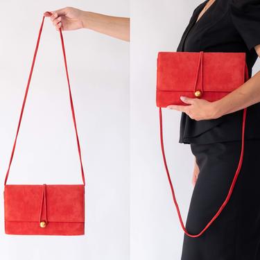 Vintage 90s Donna Karan Ginger Red Suede Envelope Crossbody Shoulder Bag w/ Solid Brass Button | DEADSTOCK w/ Tags | 1990s Designer Purse 