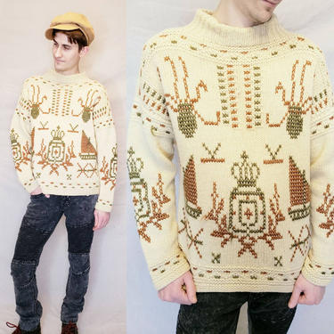 Vintage Handknit Sweater Cream Wool Cable Knit Spiders Sailing Boats Royal Crown / Mens Womens Unisex Chunky Thirsty Beige Sweater / 