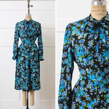 vintage 1970s silk dress • dark floral bow neck dress in black turquoise blue &amp; greens 