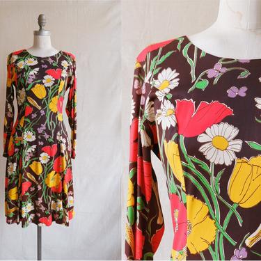Vintage 70s Floral Long Sleeve Dress/ 1970s Big Print Poppies Daisies Wheat Dress/ Size Medium 