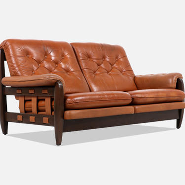Jean Gillon Distress Cognac Leather Sofa for Italma Wood Art