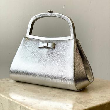 Vintage Silver Saffiano Leather Handbag with Bow Detail by Bienen-Davis, Circa 1950s-60s 