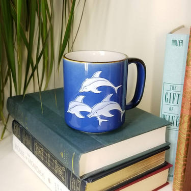 1980s Blue Dolphin Mug, Coffee Cup ~ Beach Ocean Dolphin Lover's Glazed Stoneware Mug 