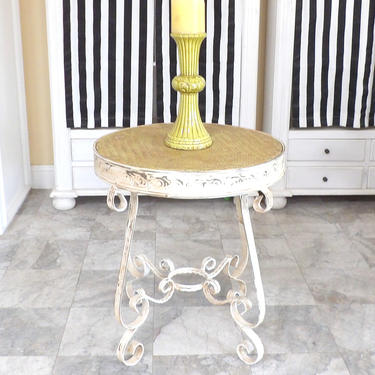 Round Metal Entryway Table French Provincial Country Farmhouse Shabby Chic Occasional Table White Chippy Paint With Rattan Wicker Top 