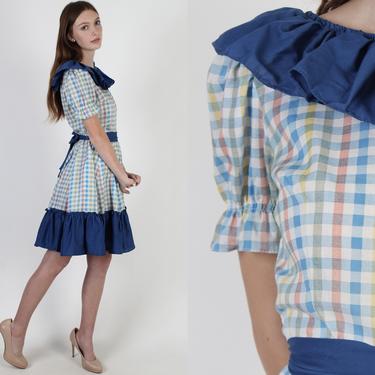 Vintage 70s Square Dancing Dress / Light Blue Pastel Plaid Print / Royal Ruffle Trim Checker Mini Dress 