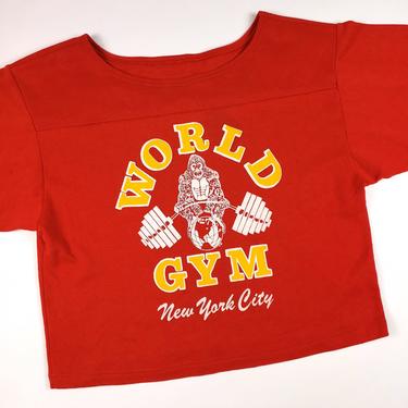 80s Vintage Cropped Workout Sweatshirt Off The Shoulder XL, World Gym NYC Graphic Sweatshirt Half Sleeve Made in USA Bodybuilder Sportswear 