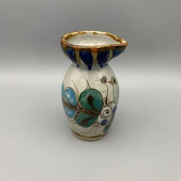Vintage Tonala Vase or Small Pitcher with Blue Bird Motif 