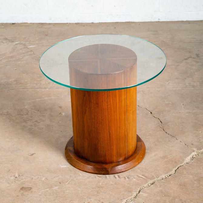 Mid Century Modern Cocktail Table Side End Round Glass Vintage Solid Walnut Mcm
