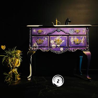 Eclectic Makeup Vanity Table hand Painted Fairy tale  Inspired Desk. Bedroom Desk Colorful Entryway Vanity. Whimsical Makeup Table . 