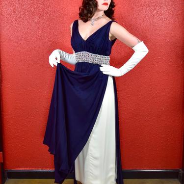1960s Navy Jeweled Silk Jersey Gown with White Underskirt 