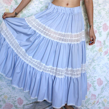 Vintage Prairie Skirt, Handmade Cottagecore Peasant Maxi Skirt, Baby Blue with White Lace Tiers, Size Medium/Large 
