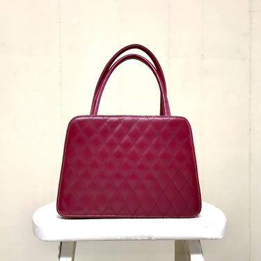 Vintage 1940s 1950s Maroon Faux Leather Handbag, 40s 50s Red Top Handle Box Purse, Pleather Rockabilly Purse w/Double Compartments 