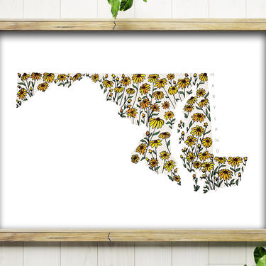 Art Print // Maryland with Black Eyed Susan Flowers // 5x7 + 8x10 Hand Drawn State Map 