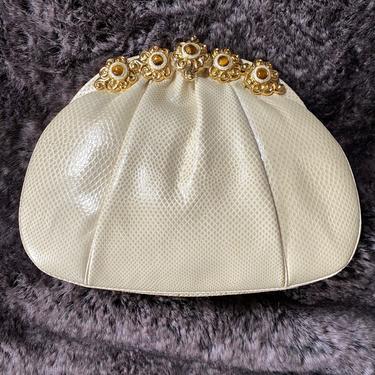 lizard JUDITH LEIBER cream jeweled purse bag / vintage 1980s Karung lizard skin bone leather gold frame clutch shoulder bag 1986 