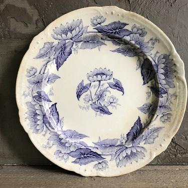 English Indigo Floral Ironstone Plate, John Ridgeway, Marsh Lily Floral Pattern, Rustic Stoneware, Tea Stained Earthenware, 1830s 