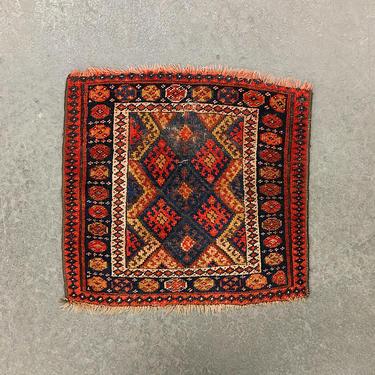 Vintage Accent Rug Retro 1960s Small Size Boho Print + Fringed + Accent or Area Rug + Geometric Design + Red + Orange + Blue + Brown + Beige 