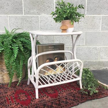 Vintage Side Table Retro 1980s Bohemian + Rattan + Woven Wicker + White Washed + Magazine and Book Rack +End Table + Home Decor + Storage 
