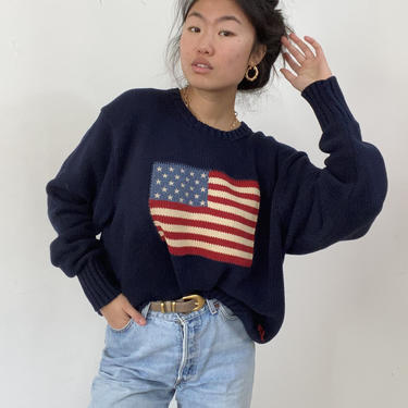 80s Ralph Lauren cotton sweater / vintage navy blue cotton American flag Ralph Lauren Polo crewneck oversized boyfriend sweater | XL 