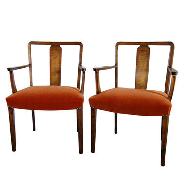 Swedish Art Deco Intarsia Burnt Orange Mohair Armchairs