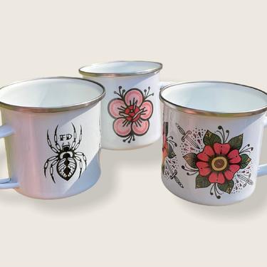 Fast Doll indoor / outdoor white enamel coffee or tea mugs - pink flower, spider, flower &amp; daggers 