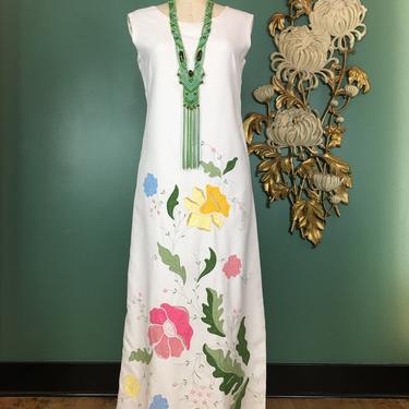 1960s maxi dress, appliqué dress, vintage 60s dress, white sleeveless dress, cat work floral, size medium, a-line summer dress, pastel, mod 