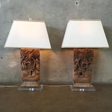 Vintage Carved Wood and Lucite Table Lamps - Pair