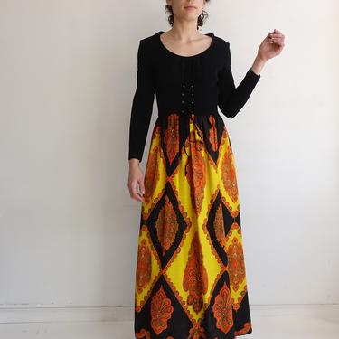 Vintage 60s Corset Waist Psychedelic Print Maxi Dress/ 1960s 1970s Long Sleeve Colorful Dress with Lace Up Waist/ Size Medium 