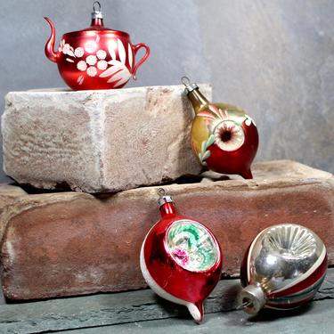 Set of 4 Small Red Glass Christmas Ornaments in Red, Gold and Silver for Your Vintage Christmas Tree! - Small Teardrop | FREE SHIPPING 