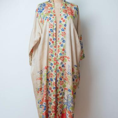 1920s Silk Pongee Robe / 20s 30s Floral print Robe 