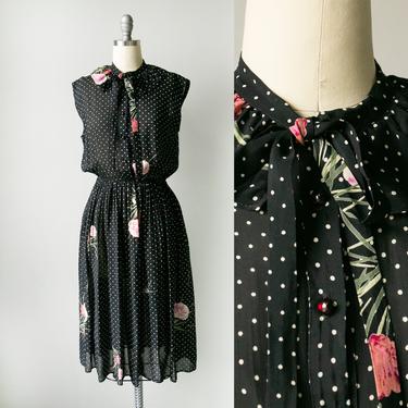 1970s Dress Polka Dot Dark Floral Sheer Chiffon S 