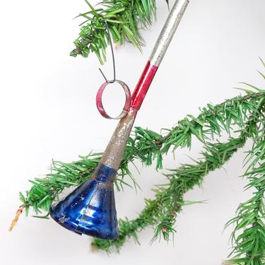 Antique 1950's Tin Horn Christmas Tree Ornament, Vintage Retro Patriotic Colors 