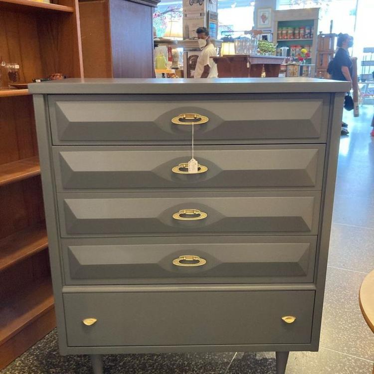Grey painted MCM chest of drawers, 36” x 18” x 43” 