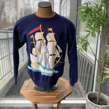 CHRISTIAN DIOR MONSIEUR Vintage 1980s Men's 100% Cotton Sailing Ship Long Sleeve Crew Neck Pullover Sweater - Size Large - Nautical 80s Boat 
